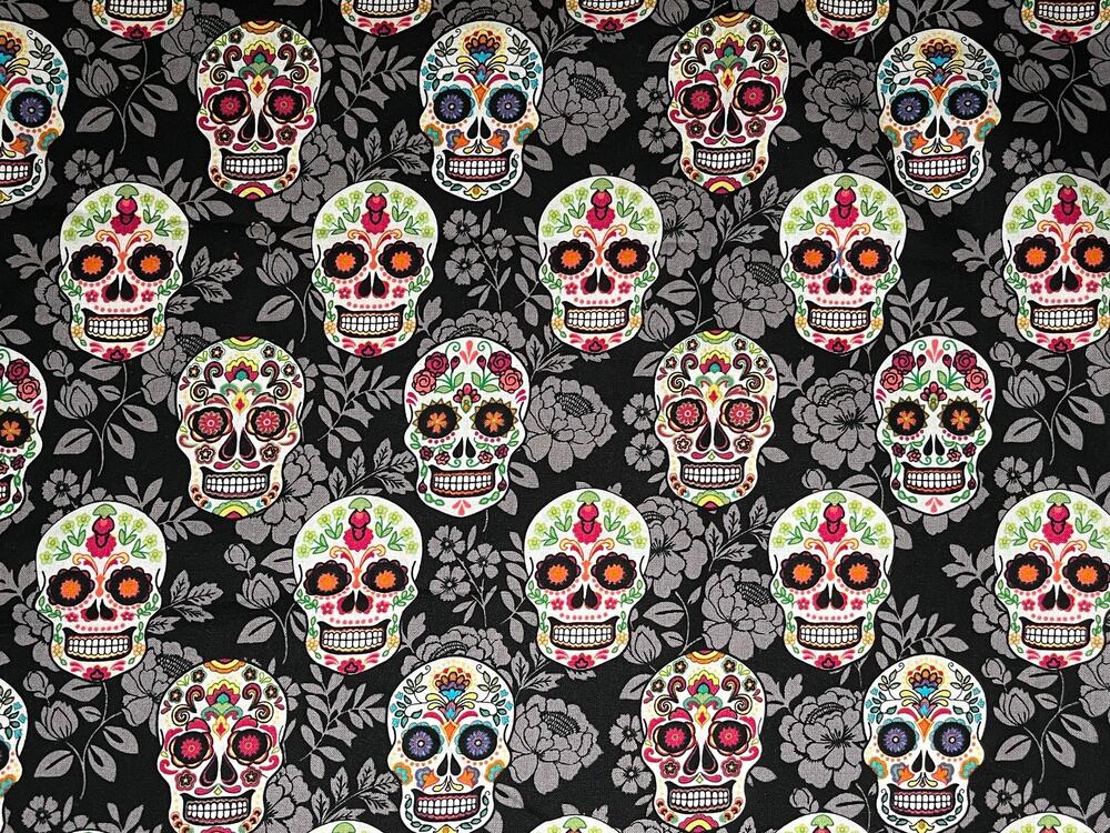Sugar Skulls with Floral Cotton Fabric 1/2 yard | Destashing